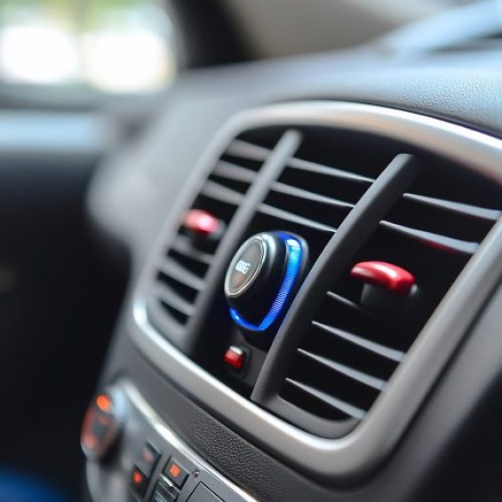 Close-up van auto dashboard met ventilatierooster en airco bediening, interieur detail moderne auto met klimaatregeling