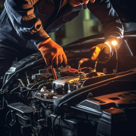 Automonteur inspecteert de automotor met een looplamp tijdens een grote onderhoudsbeurt