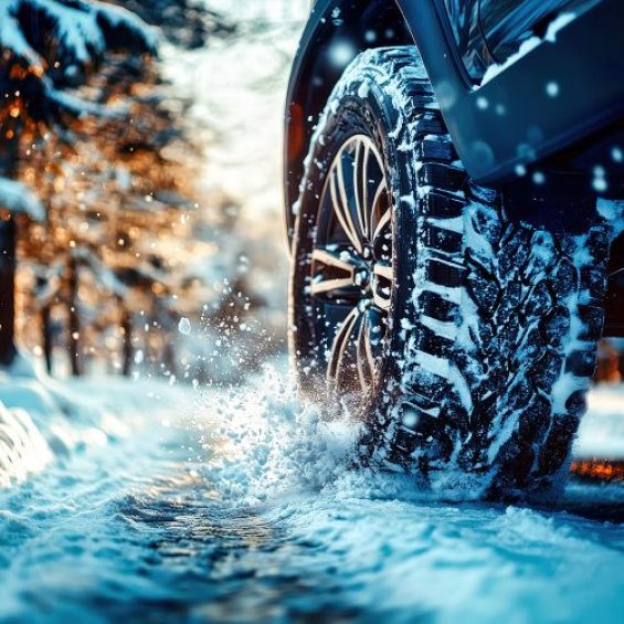 Auto met profielrijke winterbanden rijdt veilig door opspattende sneeuw, ideaal voor een wintercheck